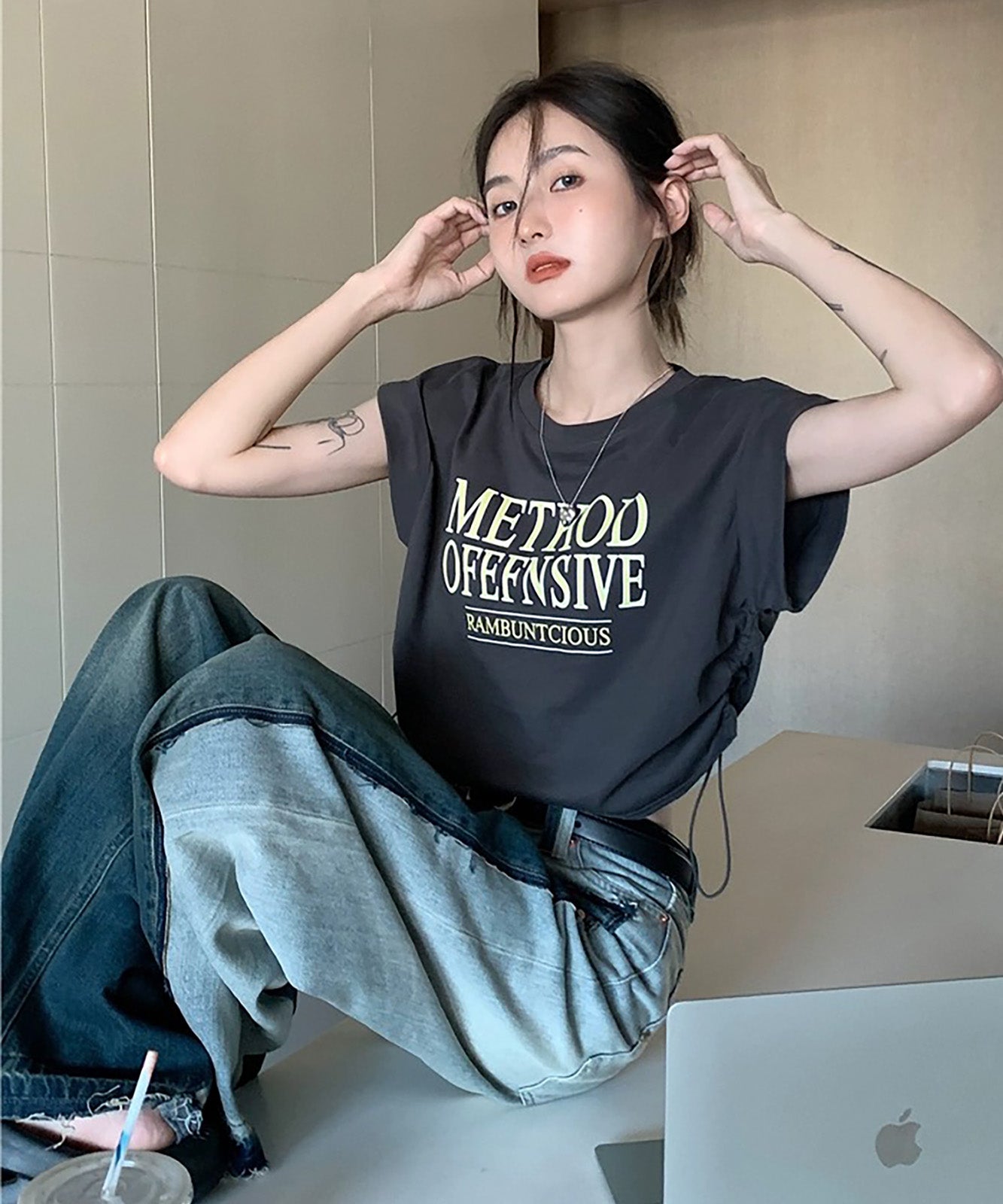 DEVICE select Y2K クロップド ショート丈 ドロースト ヴィンテージライク 古着半袖Tシャツ レディース