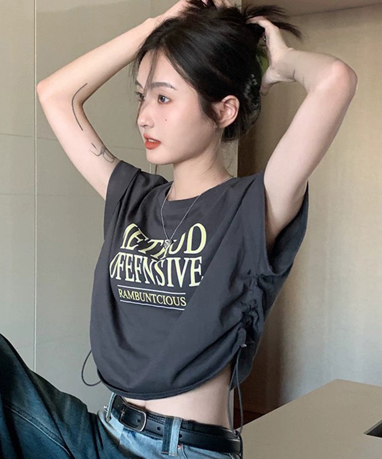 DEVICE select Y2K クロップド ショート丈 ドロースト ヴィンテージライク 古着半袖Tシャツ レディース