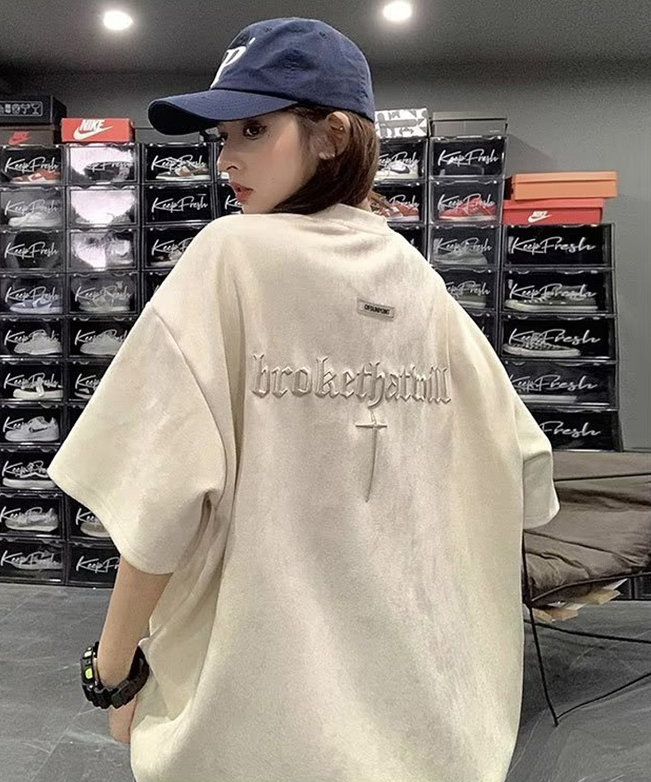 刺繍 クロス ヴィンテージライク 古着風 ロゴ ビッグシルエット 半袖 Tシャツ