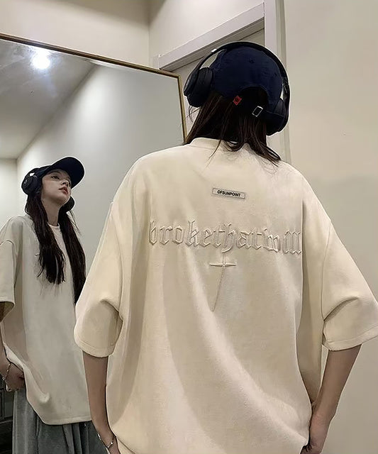 刺繍 クロス ヴィンテージライク 古着風 ロゴ ビッグシルエット 半袖 Tシャツ