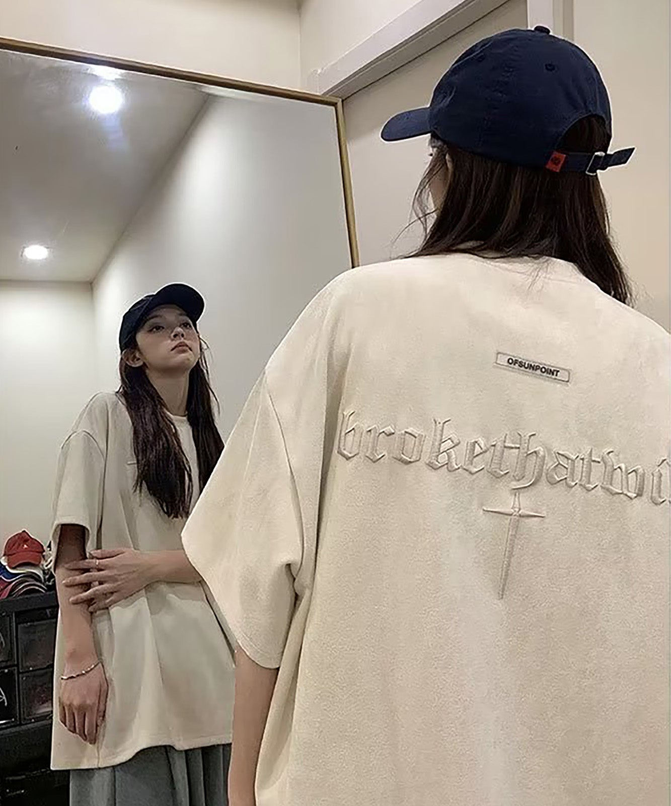 刺繍 クロス ヴィンテージライク 古着風 ロゴ ビッグシルエット 半袖 Tシャツ