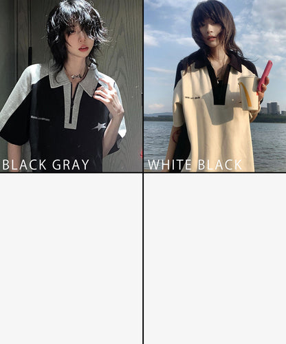 DEVICE select ハーフジップ スター ビッグシルエット 半袖 ポロシャツ Tシャツ メンズ レディース