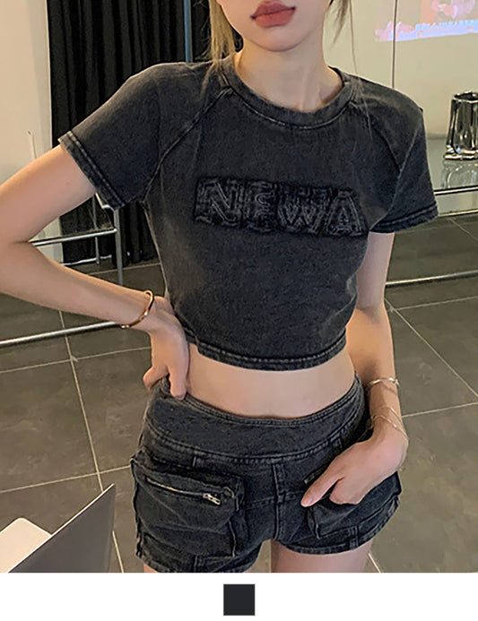 DEVICE select ピグメント クロップド ショート丈 半袖 Tシャツ ちびTシャツ レディース
