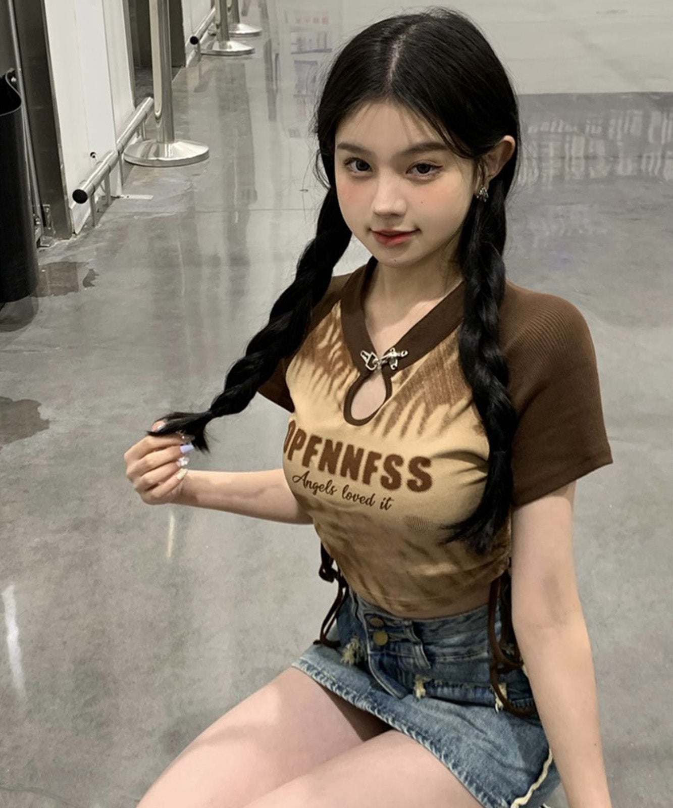 DEVICE select チャイナ風 スリット カットアウト タイダイ Y2K ストリート Tシャツ ちびTシャツ レディース