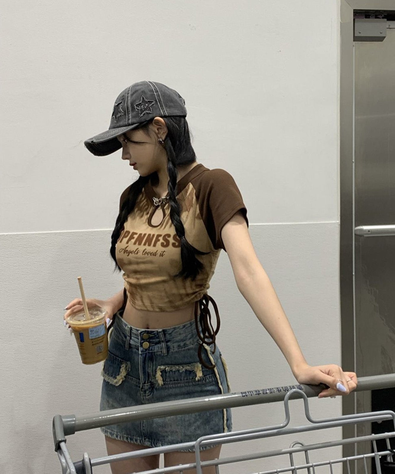 DEVICE select チャイナ風 スリット カットアウト タイダイ Y2K ストリート Tシャツ ちびTシャツ レディース