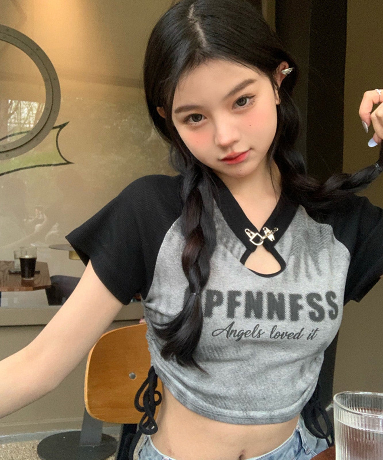 DEVICE select チャイナ風 スリット カットアウト タイダイ Y2K ストリート Tシャツ ちびTシャツ レディース