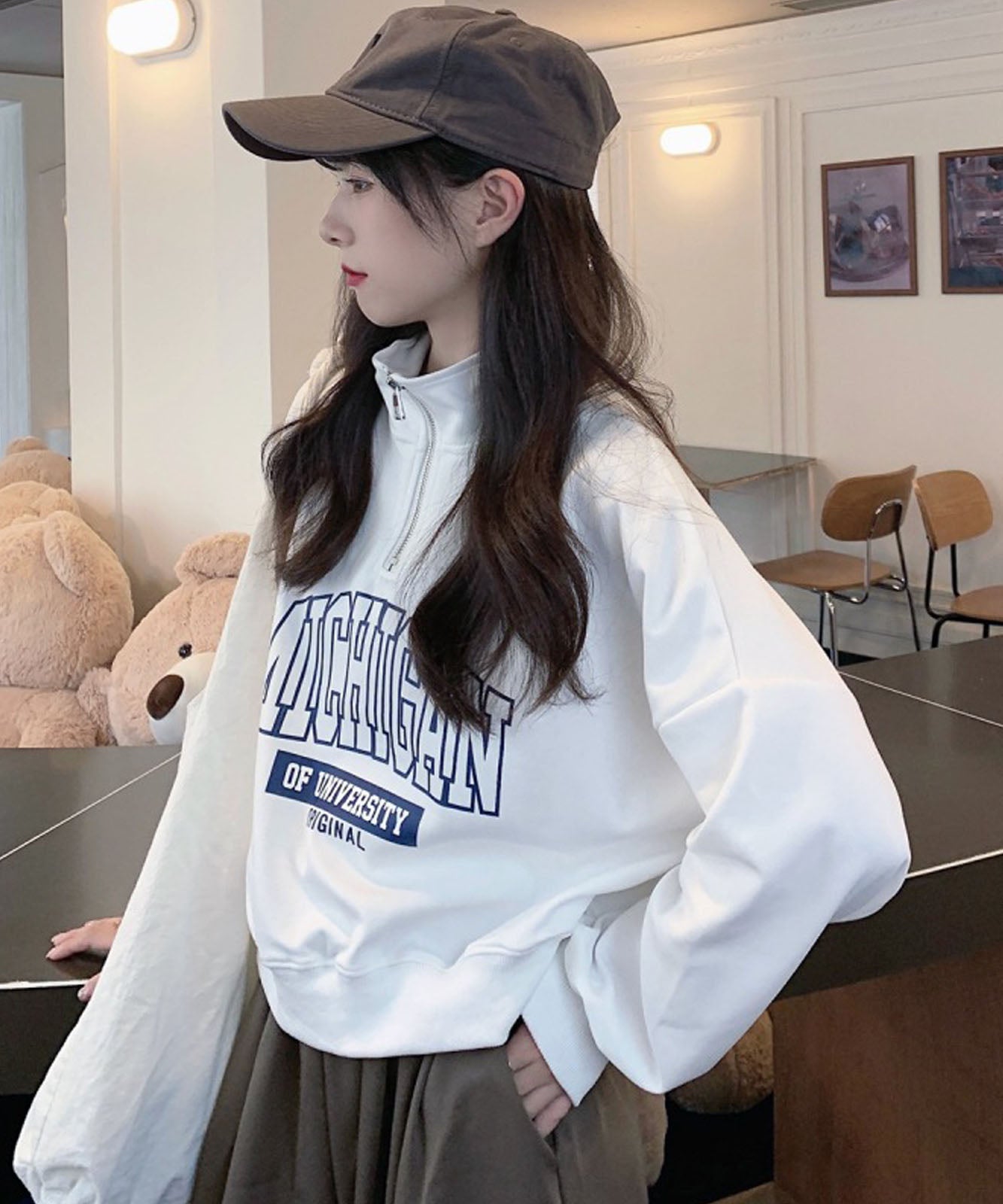 DEVICE select 韓国風 カレッジロゴ ショート丈 スウェット ハーフジップ トレーナー メンズ レディース ユニセックス