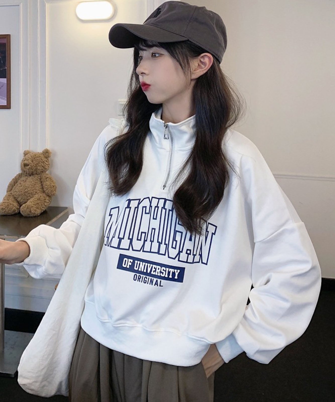 DEVICE select 韓国風 カレッジロゴ ショート丈 スウェット ハーフジップ トレーナー メンズ レディース ユニセックス