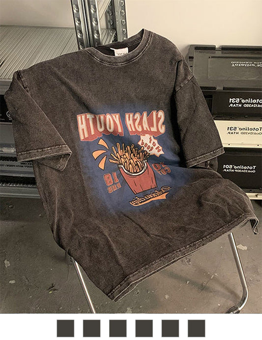 DEVICE select ビッグシルエット ジャンキープリント ピグメント 半袖 Tシャツ 古着風 フライドポテト カレッジロゴ メンズ レディース ユニセックス