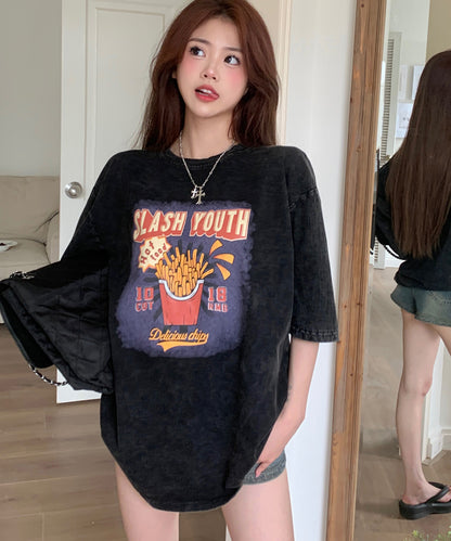 DEVICE select ビッグシルエット ジャンキープリント ピグメント 半袖 Tシャツ 古着風 フライドポテト カレッジロゴ メンズ レディース ユニセックス