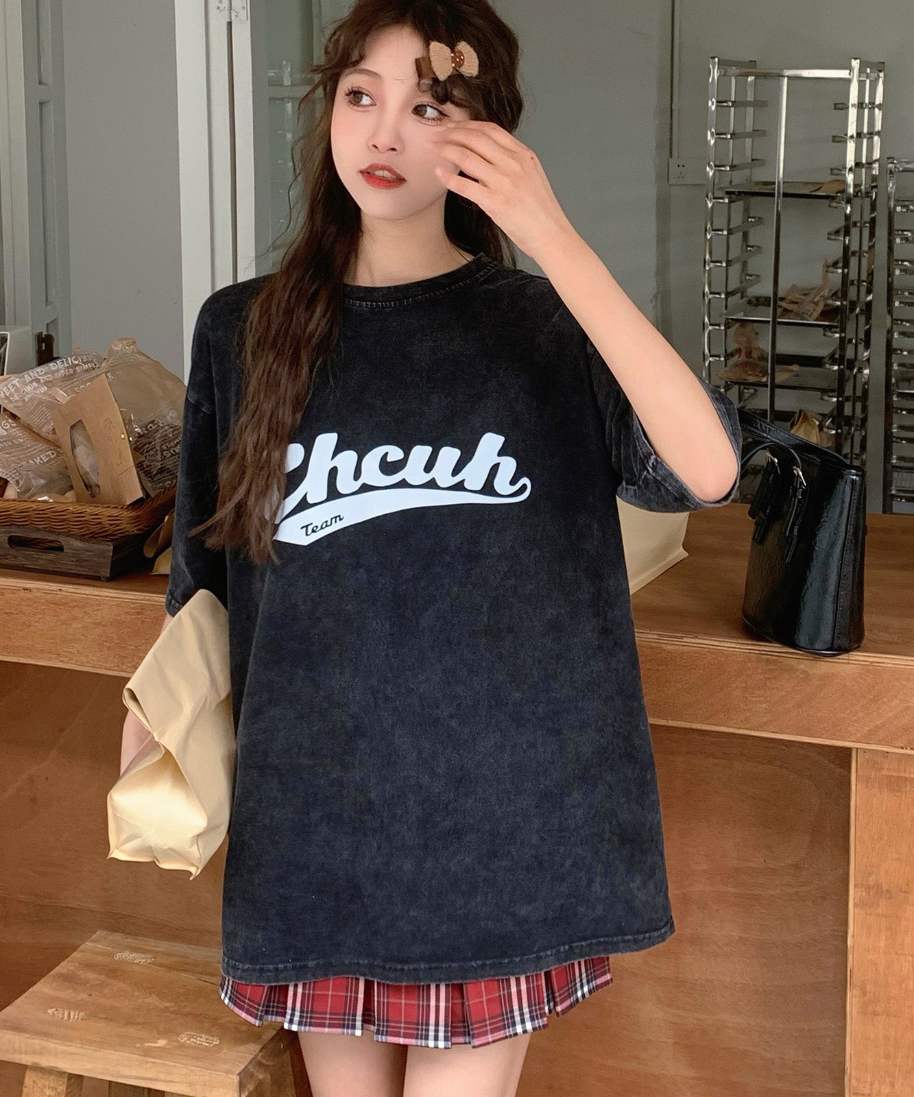 DEVICE select ビッグシルエット ジャンキープリント ピグメント 半袖 Tシャツ 古着風 フライドポテト カレッジロゴ メンズ レディース ユニセックス