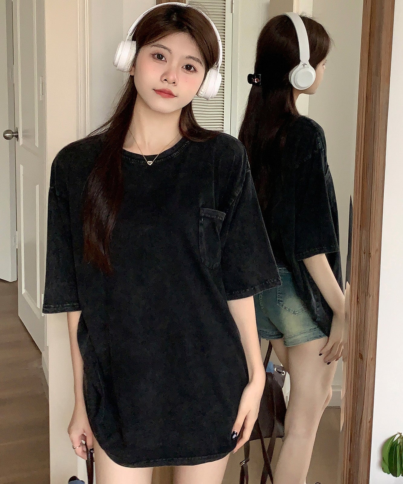 DEVICE select ビッグシルエット ジャンキープリント ピグメント 半袖 Tシャツ 古着風 フライドポテト カレッジロゴ メンズ レディース ユニセックス