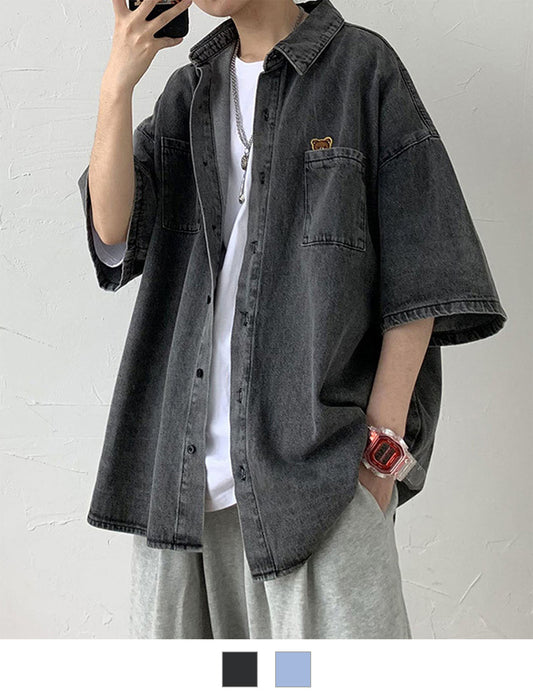 DEVICE select ワンポイント オーバーサイズ ビッグシルエット デニムシャツ シャツジャケット 半袖 メンズ レディース ユニセックス
