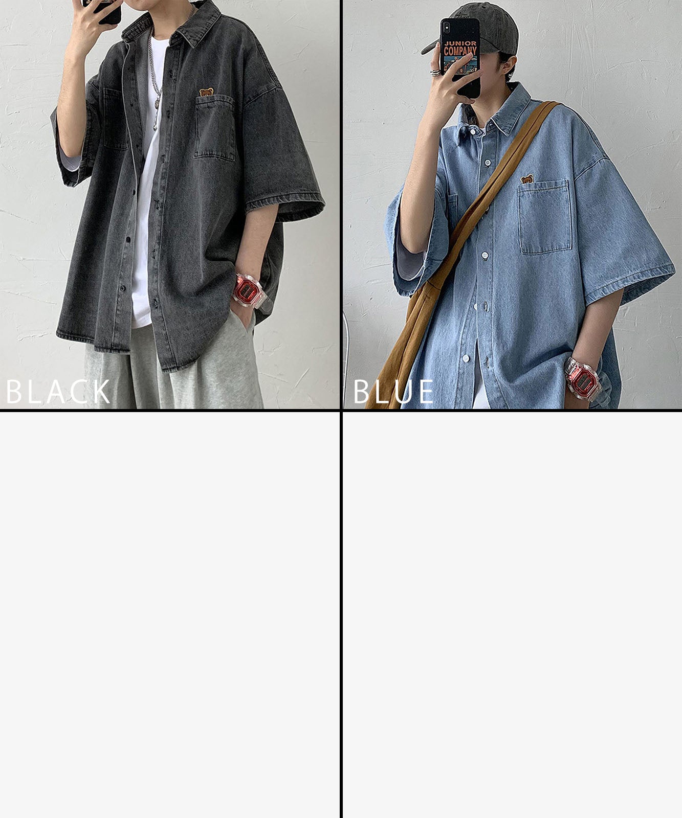 DEVICE select ワンポイント オーバーサイズ ビッグシルエット デニムシャツ シャツジャケット 半袖 メンズ レディース ユニセックス