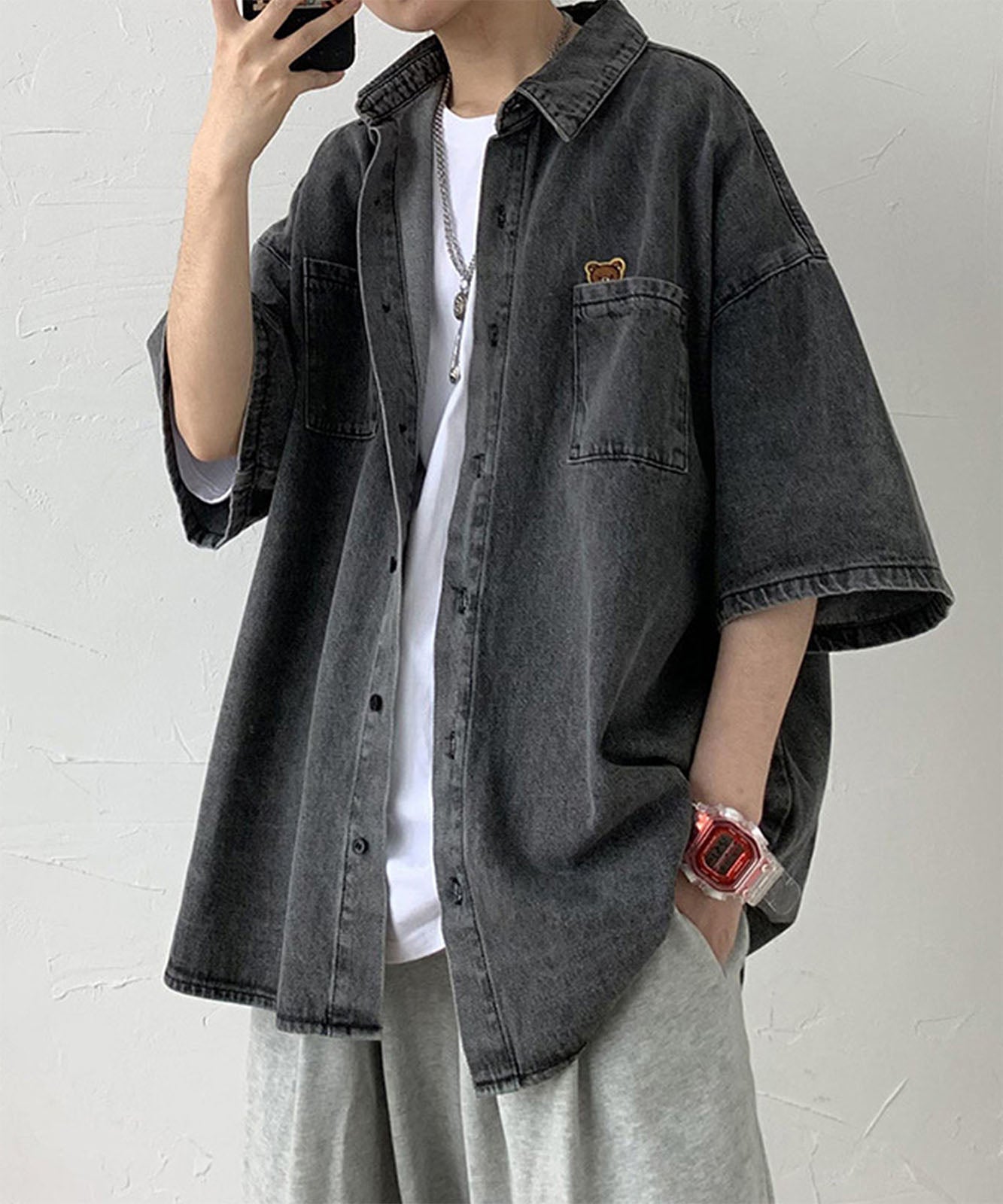 DEVICE select ワンポイント オーバーサイズ ビッグシルエット デニムシャツ シャツジャケット 半袖 メンズ レディース ユニセックス