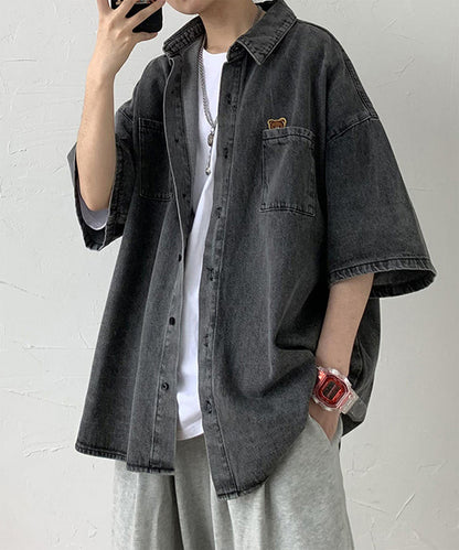 DEVICE select ワンポイント オーバーサイズ ビッグシルエット デニムシャツ シャツジャケット 半袖 メンズ レディース ユニセックス